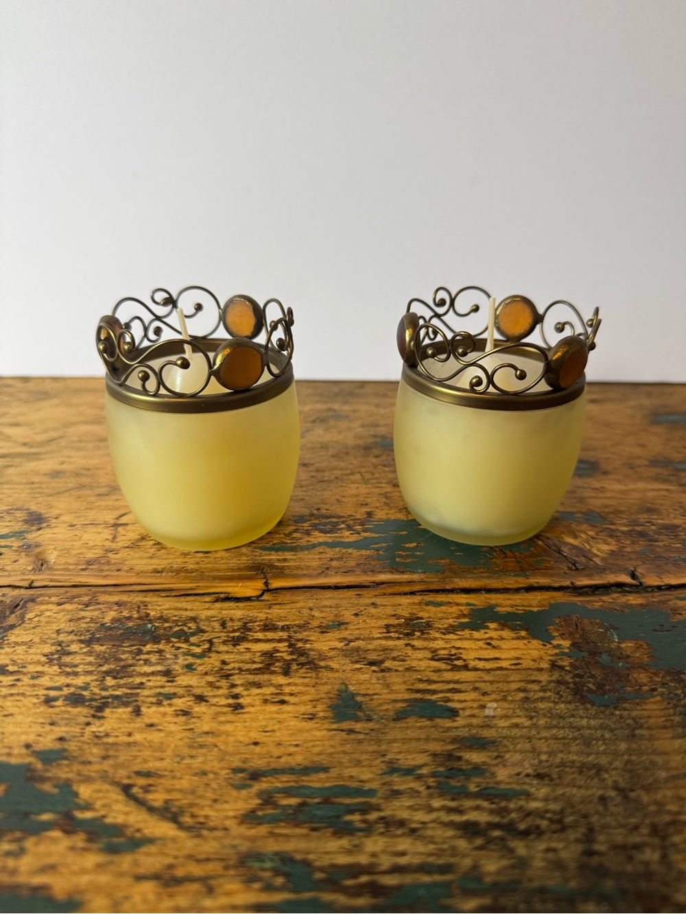 PartyLite Paris Reto Frosted Glass Votive Holders with Brass Filigree